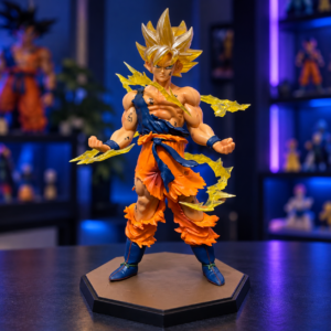 Son Goku Super-Saiyajin-Figur mit goldfarbenem Haar, gelben Blitzeffekten und dunklem Sockel