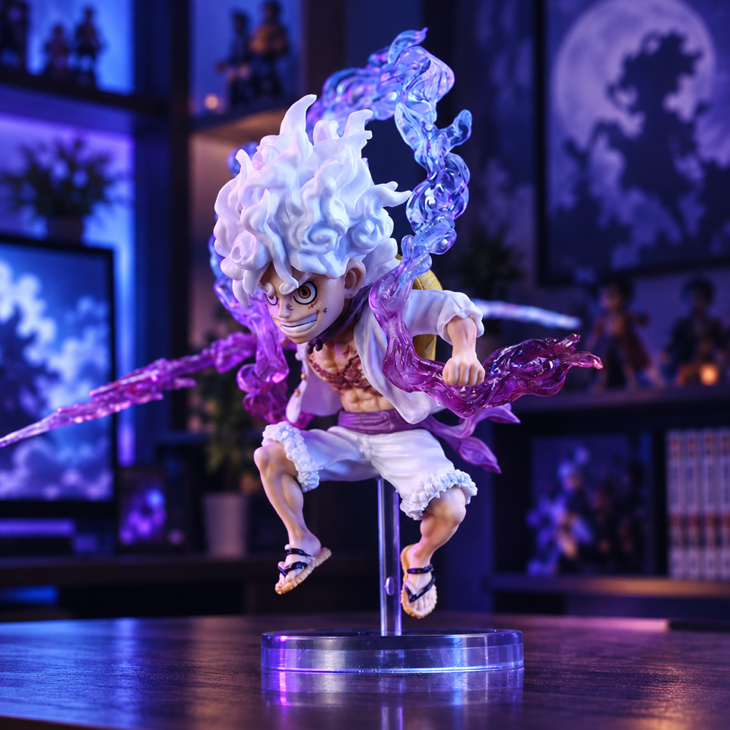 Luffy Gear 5 Figur in Weiss und Violett mit transparentem Rundsockel