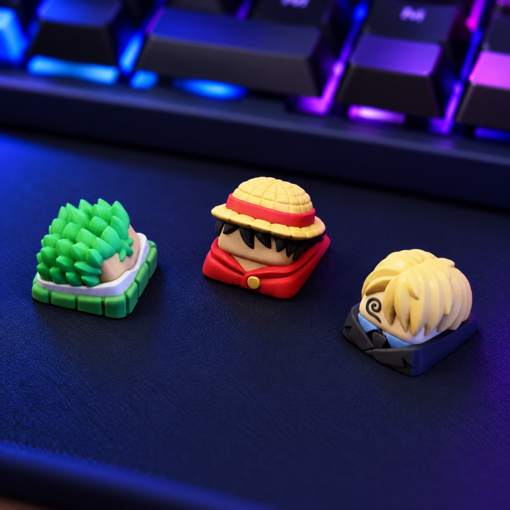 Ruffy-, Zoro- und Sanji-Figuren-Tastenkappen vor einer Gaming-Tastatur; einzeln erhältlich