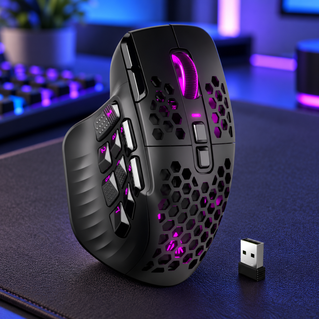 Schwarze SOLAKAKA SM809 Pro mit USB-Empfänger auf einem Gaming-Schreibtisch